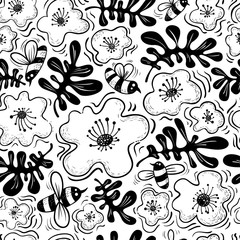 Floral background. Seamless pattern with bee and flower in doodle sketchy style. Cute vector illustration