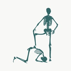 Concept illustration of a obedience. Man prostrated under female foot. Silhouettes of two skeletons