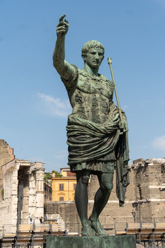 Bronze statue of Roman Emperor Augustus Caesar, or Octavian, Rome's first emperor, close to the Forum of Augustus