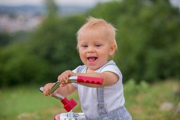 Cute toddler child, boy, playing with tricycle in backyard