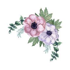 Watercolor gouache anemone floral and leaves Bouquet  hand drawn Elegant flower
