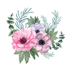 Watercolor gouache anemone floral and leaves Bouquet  hand drawn Elegant flower