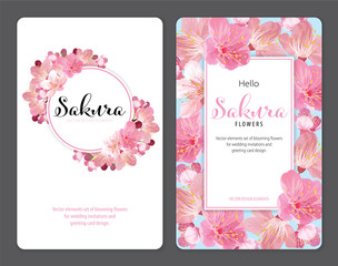 Fototapeta na wymiar Sakura flowers background template. Vector set of blooming floral for holiday invitations, greeting card and fashion design.