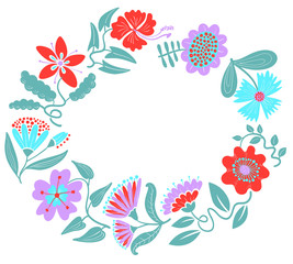 Fototapeta na wymiar Wreath with cute flowers and leaves. Floral frame for summer and spring backdrops, cards, posters.