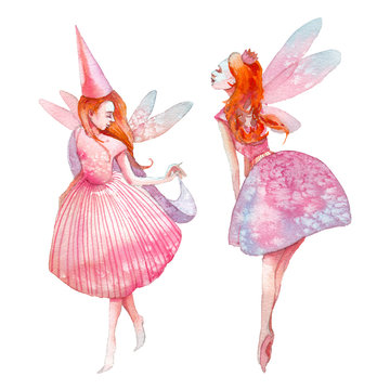 Watercolor fairy illustration. Hand painted red hair fairytale characters isolated on white background. Cartoon girls with wings art