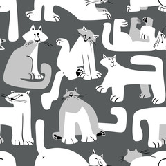 Seamless pattern with funny cats. Background with domestic pets in incomlete cute childrens style.