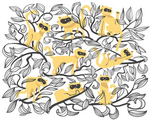 Fototapeta premium Set with funny cats. Collection with domestic pets in incomlete cute childrens style on the tree branches.