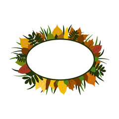 White oval shape surrounded with different autumn leaves. Vector illustration.