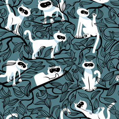 Seamless pattern with cats and stripped leaves. Background with funny domestic kitty