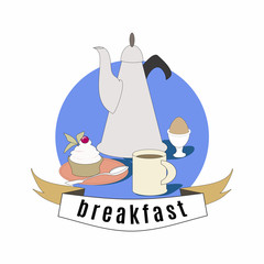 Breakfast Poster.Coffee,cake and egg. Colorfool vintage illustration.