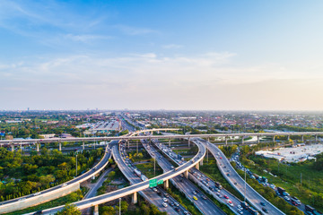 Aerial view transport city overpass road with vehicle movement