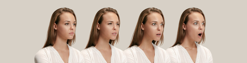 Wow. Collage about development of emotion. Stages of surprise. Female portrait isolated on gray. Young emotional surprised woman standing with open mouth. Human emotions, facial expression concept.