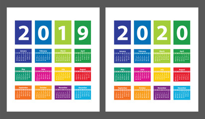 Color Calendar 2019 and 2020 starting from Sunday. Vector illustration