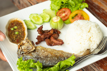 Rice, chili sauce, fish and pork fried with vegetables on a white plate