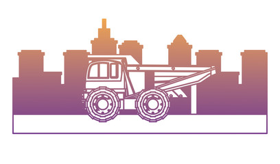 dump truck icon over city buildings and white background, vector illustration