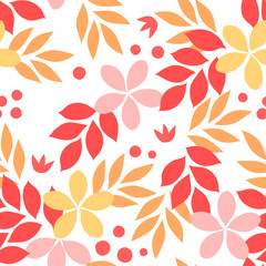 Orange yellow and re autumn leaves and flowers seamless pattern, vector