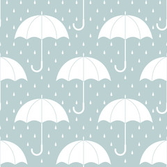 White umbrellas on gray with rain drops, seamless pattern, vector