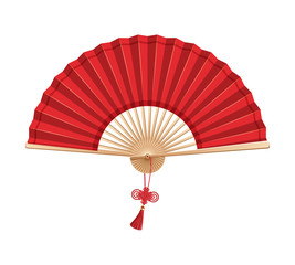 Fototapeta Red Chinese hand fan with wishful knot isolated on white background obraz