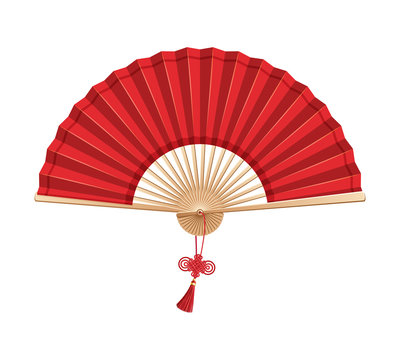 Red Chinese hand fan with wishful knot isolated on white background