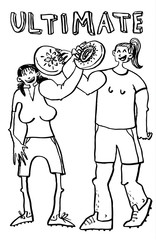 Ultimate players. Women with flying disc. Sport competition. Doodle sketchy style cute vector