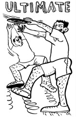 Ultimate players. Men catching flying disc. Sport competition. Doodle sketchy style cute vector