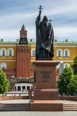 Monument to Patriarch Hermogen in the Alexander Garden near the walls of the Moscow Kremlin