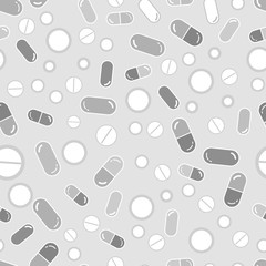 Multiple drugs pills and capsules medicine seamless pattern in gray, vector