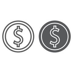 Dollar coin line and glyph icon, finance and banking, currency sign, vector graphics, a linear pattern on a white background, eps 10.