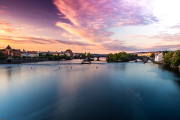 View of Vltava River and Prague at dawn