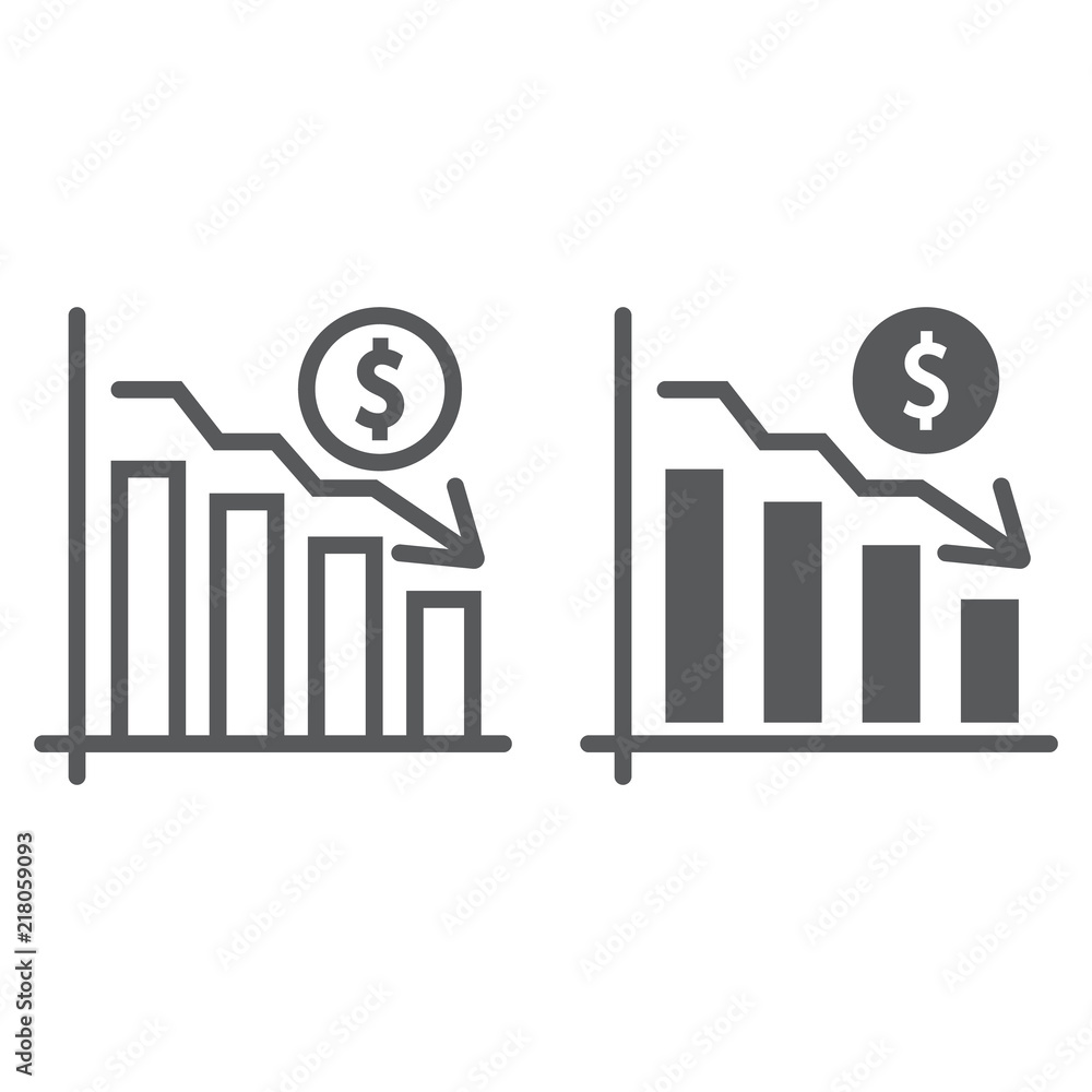 Poster chart line and glyph icon, finance and banking, decrease sign, vector graphics, a linear pattern on 