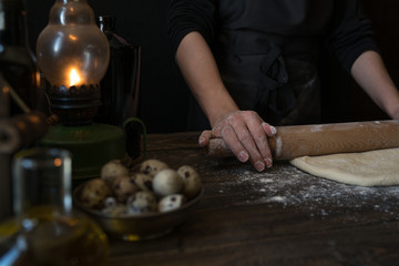 Steps of making cooking pie with ingridients. Mixing ingredients: flour, eggs, oil. See series. Step by step recipe. Cooking course or kitchen mess. Female hands make dough for biscuit or pie.