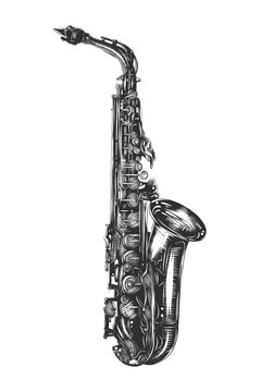 Vector engraved style illustration for posters, decoration and print. Hand drawn sketch of saxophone in monochrome isolated on white background. Detailed vintage woodcut style drawing.
