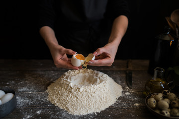 Steps of making cooking pie with ingridients. Mixing ingredients: flour, eggs, oil. See series....