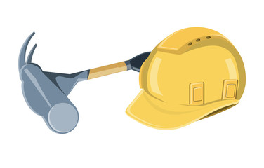 construction safety helmet and hammer over white background, vector illustration