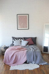 Fototapeta na wymiar comfort interior bedroom bed gray color