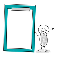 Funny cartoon stickman showing  clipboard with copyspace. Vector.