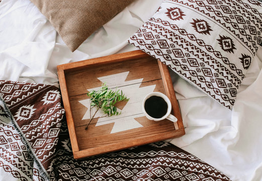 cup coffee tray green branch  bedroom bed
