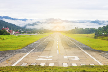 Mae Hong Son, Thailand July 18, 2018 : Airport runway in the morning sunrise time.