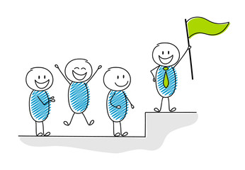 Concept of cartoon people following their leader standing on the top. Vector.