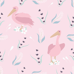 Beach tropical seamless pattern with pelicans