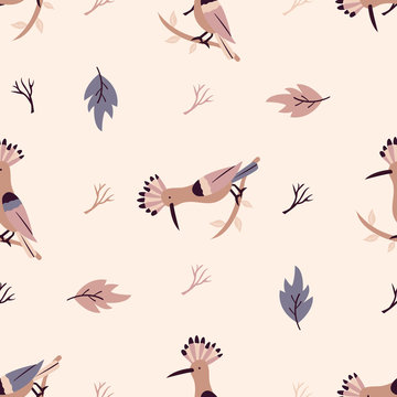 Autumn forest seamless pattern with hoopoes