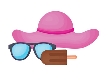 beach hat with sunglasses and ice cream bar over white background, vector illustration