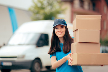 Distribution Service Delivery Worker Holding Many Cardboard Packages 