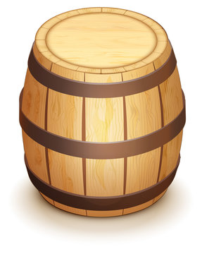Wooden oak barrel for wine stand vertically. Isolated on white