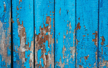 Cracked azure paint. Old wooden background