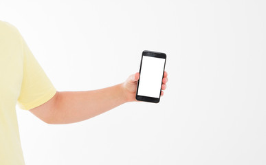 Hand holding black phone isolated on white clipping path inside. Top view.Mock up.Copy...
