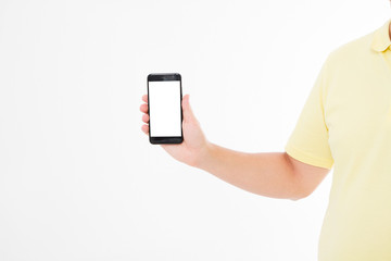 Hand holding black phone isolated on white clipping path inside. Top view.Mock up.Copy...