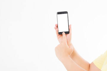 Hand holding black phone isolated on white clipping path inside. Top view.Mock up.Copy...