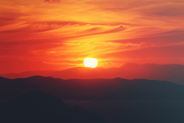 Natural Sunset Sunrise Landscape Under Scenic Colorful Sky At Sunset Dawn Sunrise. Sun Over Skyline, Horizon. Warm Colours.