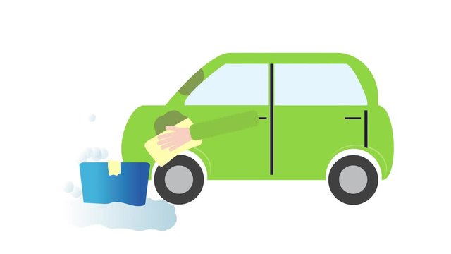 Animated car wash concept. Green car, yellow cloth and blue bucket